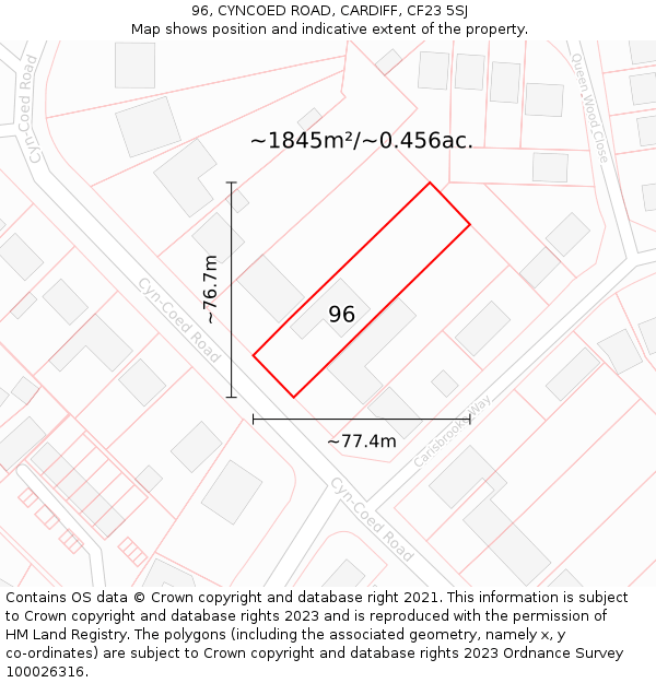 96, CYNCOED ROAD, CARDIFF, CF23 5SJ: Plot and title map
