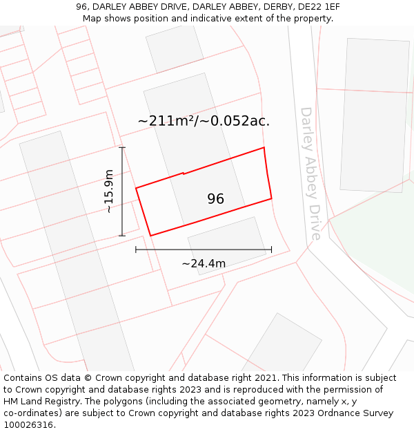 96, DARLEY ABBEY DRIVE, DARLEY ABBEY, DERBY, DE22 1EF: Plot and title map