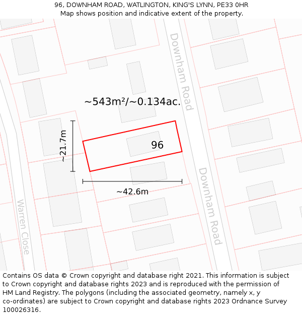 96, DOWNHAM ROAD, WATLINGTON, KING'S LYNN, PE33 0HR: Plot and title map