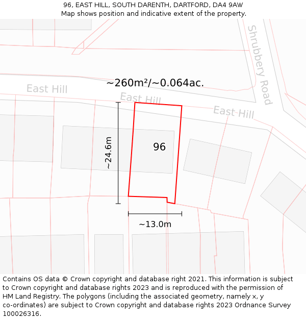 96, EAST HILL, SOUTH DARENTH, DARTFORD, DA4 9AW: Plot and title map