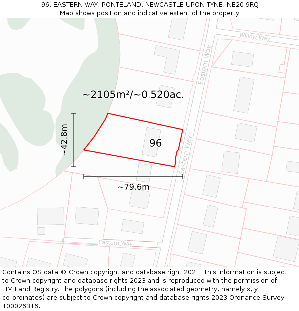 96, EASTERN WAY, PONTELAND, NEWCASTLE UPON TYNE, NE20 9RQ: Plot and title map