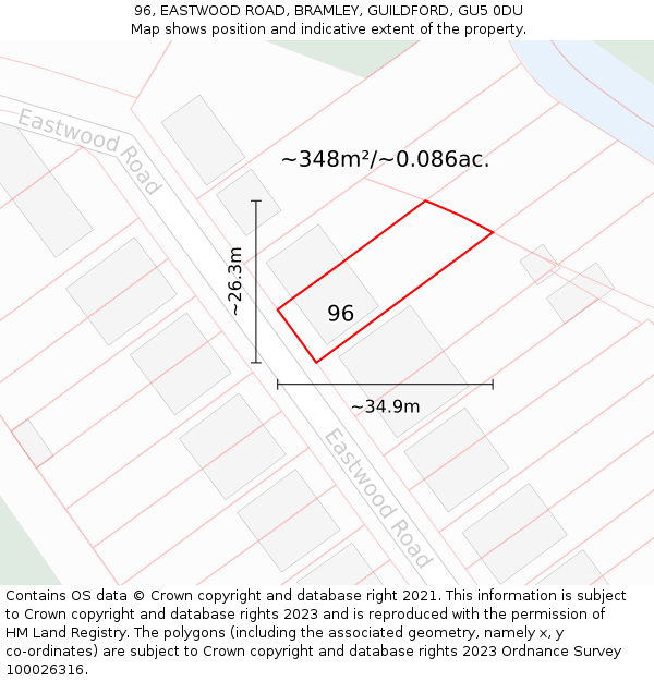 96, EASTWOOD ROAD, BRAMLEY, GUILDFORD, GU5 0DU: Plot and title map
