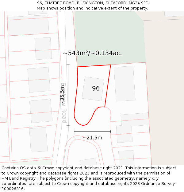 96, ELMTREE ROAD, RUSKINGTON, SLEAFORD, NG34 9FF: Plot and title map