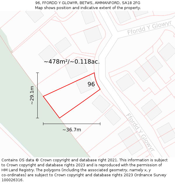 96, FFORDD Y GLOWYR, BETWS, AMMANFORD, SA18 2FG: Plot and title map