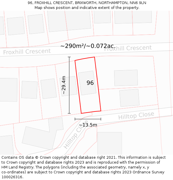 96, FROXHILL CRESCENT, BRIXWORTH, NORTHAMPTON, NN6 9LN: Plot and title map