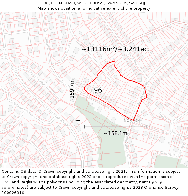 96, GLEN ROAD, WEST CROSS, SWANSEA, SA3 5QJ: Plot and title map