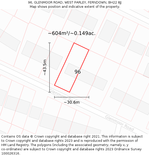 96, GLENMOOR ROAD, WEST PARLEY, FERNDOWN, BH22 8JJ: Plot and title map