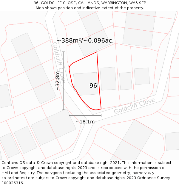 96, GOLDCLIFF CLOSE, CALLANDS, WARRINGTON, WA5 9EP: Plot and title map