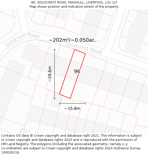 96, GOLDCREST ROAD, MAGHULL, LIVERPOOL, L31 1LT: Plot and title map