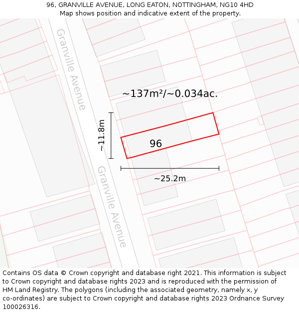 96, GRANVILLE AVENUE, LONG EATON, NOTTINGHAM, NG10 4HD: Plot and title map