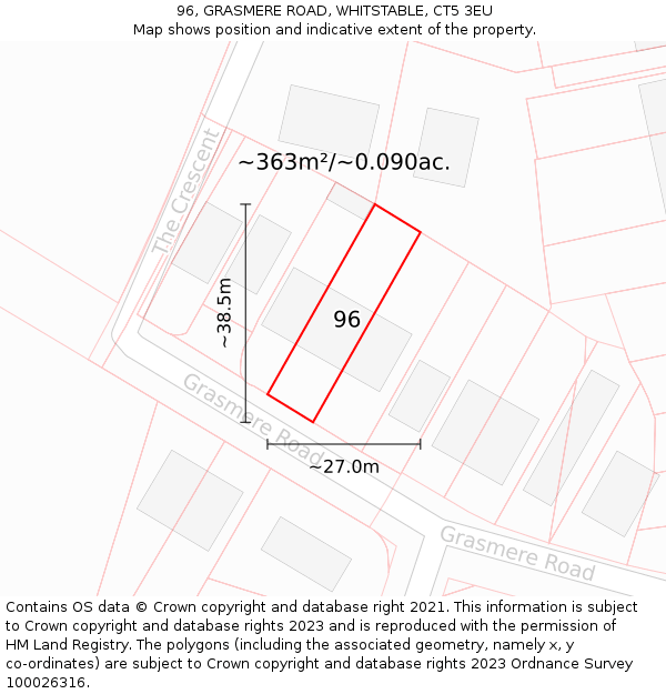 96, GRASMERE ROAD, WHITSTABLE, CT5 3EU: Plot and title map