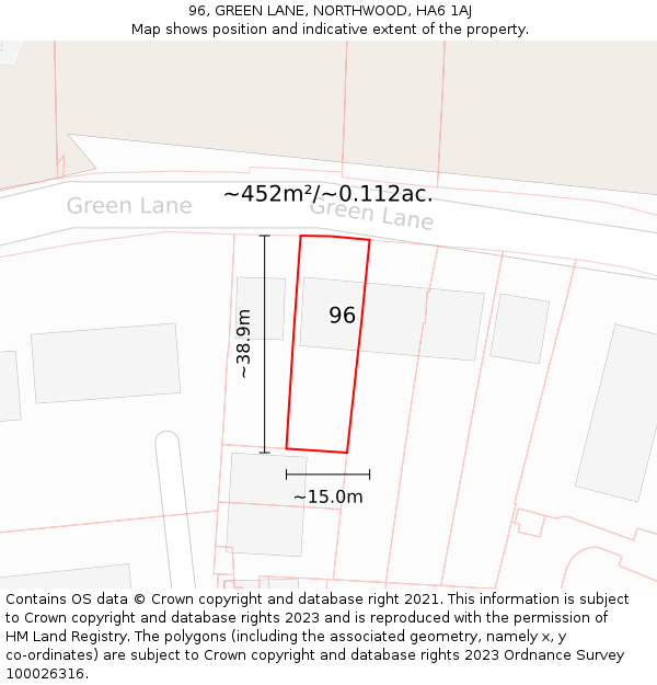 96, GREEN LANE, NORTHWOOD, HA6 1AJ: Plot and title map