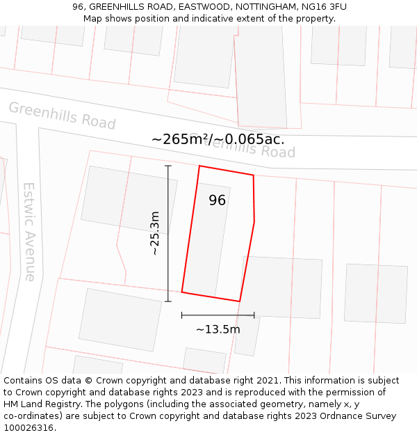 96, GREENHILLS ROAD, EASTWOOD, NOTTINGHAM, NG16 3FU: Plot and title map