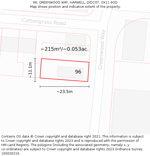 96, GREENWOOD WAY, HARWELL, DIDCOT, OX11 6GD: Plot and title map