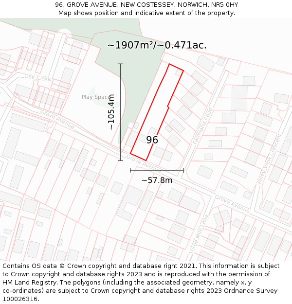 96, GROVE AVENUE, NEW COSTESSEY, NORWICH, NR5 0HY: Plot and title map