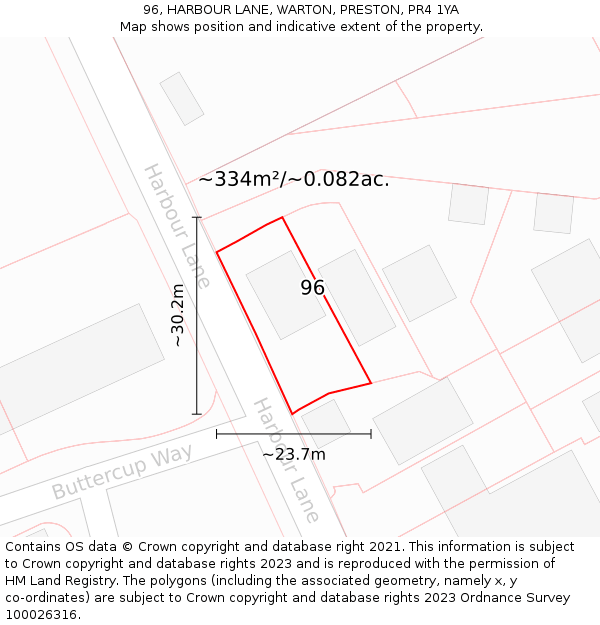 96, HARBOUR LANE, WARTON, PRESTON, PR4 1YA: Plot and title map