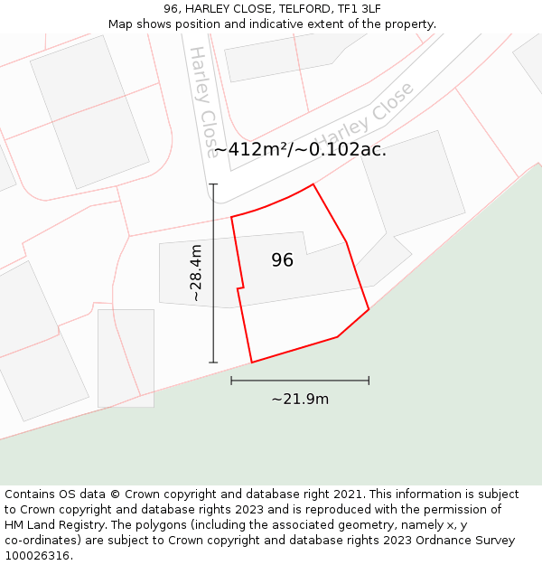 96, HARLEY CLOSE, TELFORD, TF1 3LF: Plot and title map