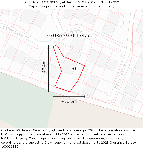 96, HARPUR CRESCENT, ALSAGER, STOKE-ON-TRENT, ST7 2SY: Plot and title map