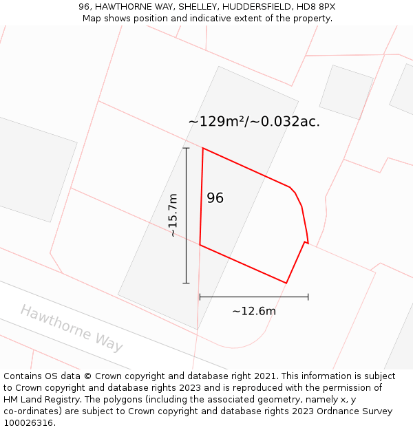 96, HAWTHORNE WAY, SHELLEY, HUDDERSFIELD, HD8 8PX: Plot and title map