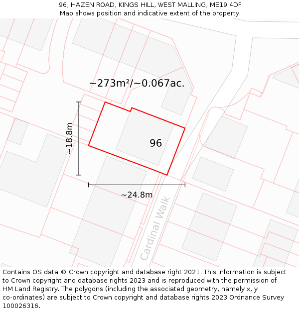 96, HAZEN ROAD, KINGS HILL, WEST MALLING, ME19 4DF: Plot and title map