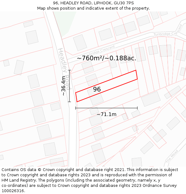 96, HEADLEY ROAD, LIPHOOK, GU30 7PS: Plot and title map