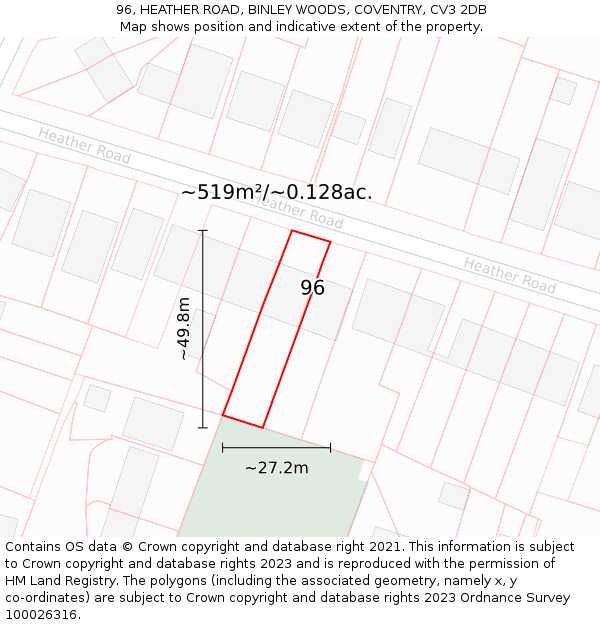 96, HEATHER ROAD, BINLEY WOODS, COVENTRY, CV3 2DB: Plot and title map