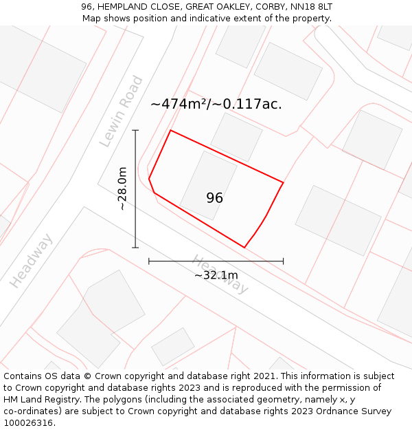 96, HEMPLAND CLOSE, GREAT OAKLEY, CORBY, NN18 8LT: Plot and title map