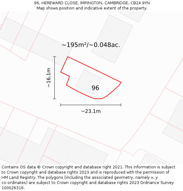 96, HEREWARD CLOSE, IMPINGTON, CAMBRIDGE, CB24 9YN: Plot and title map