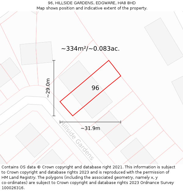 96, HILLSIDE GARDENS, EDGWARE, HA8 8HD: Plot and title map