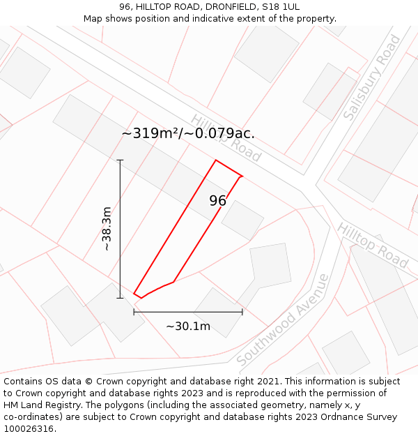 96, HILLTOP ROAD, DRONFIELD, S18 1UL: Plot and title map