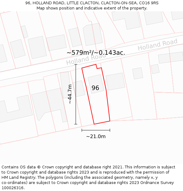 96, HOLLAND ROAD, LITTLE CLACTON, CLACTON-ON-SEA, CO16 9RS: Plot and title map