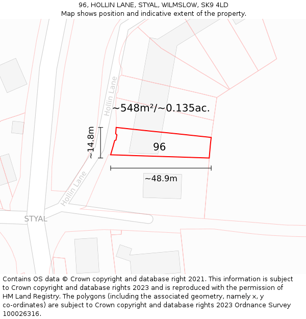 96, HOLLIN LANE, STYAL, WILMSLOW, SK9 4LD: Plot and title map