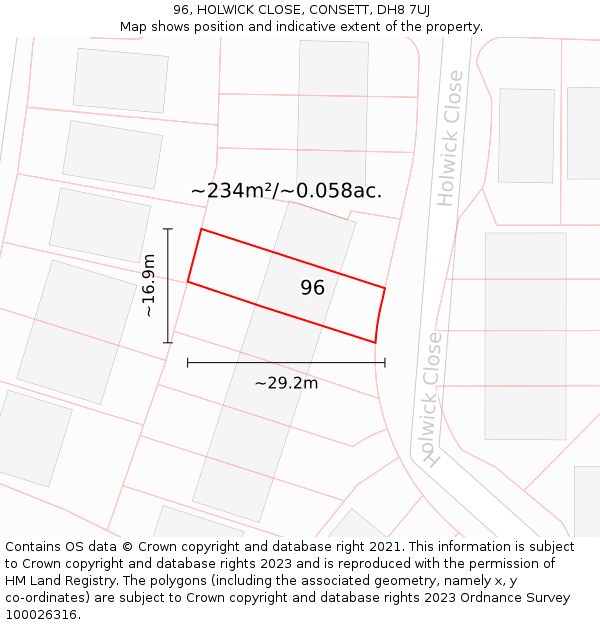 96, HOLWICK CLOSE, CONSETT, DH8 7UJ: Plot and title map