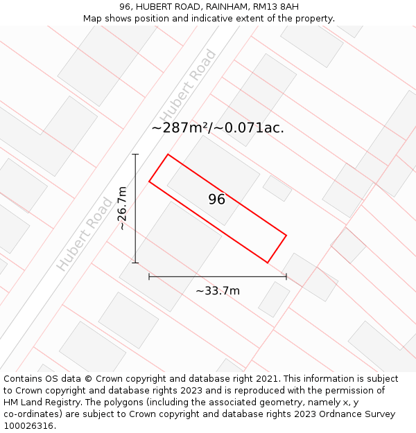 96, HUBERT ROAD, RAINHAM, RM13 8AH: Plot and title map