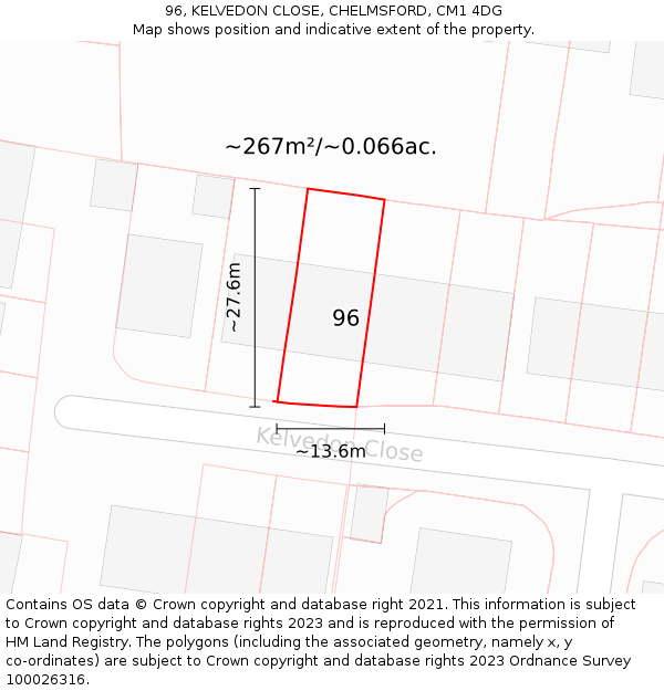 96, KELVEDON CLOSE, CHELMSFORD, CM1 4DG: Plot and title map