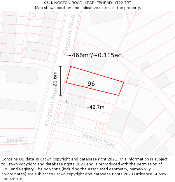 96, KINGSTON ROAD, LEATHERHEAD, KT22 7BT: Plot and title map