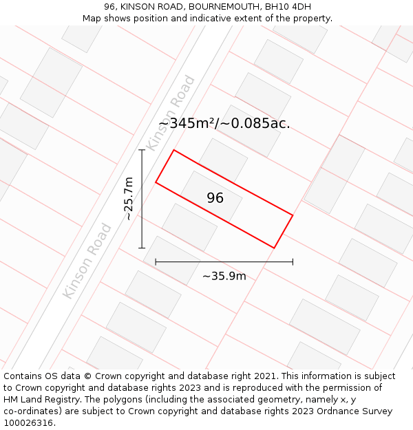 96, KINSON ROAD, BOURNEMOUTH, BH10 4DH: Plot and title map