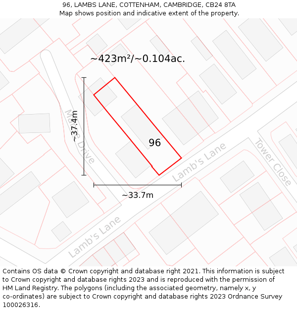 96, LAMBS LANE, COTTENHAM, CAMBRIDGE, CB24 8TA: Plot and title map
