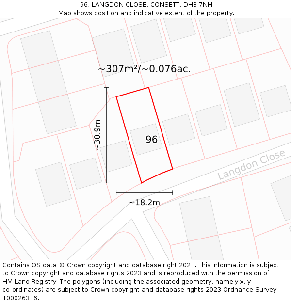 96, LANGDON CLOSE, CONSETT, DH8 7NH: Plot and title map