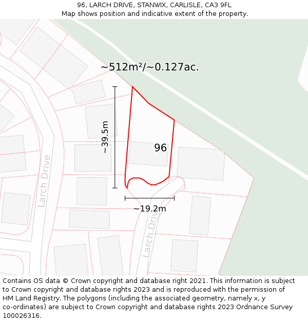 96, LARCH DRIVE, STANWIX, CARLISLE, CA3 9FL: Plot and title map