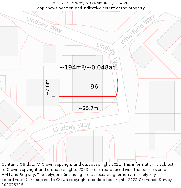 96, LINDSEY WAY, STOWMARKET, IP14 2RD: Plot and title map