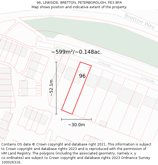 96, LINKSIDE, BRETTON, PETERBOROUGH, PE3 8PA: Plot and title map