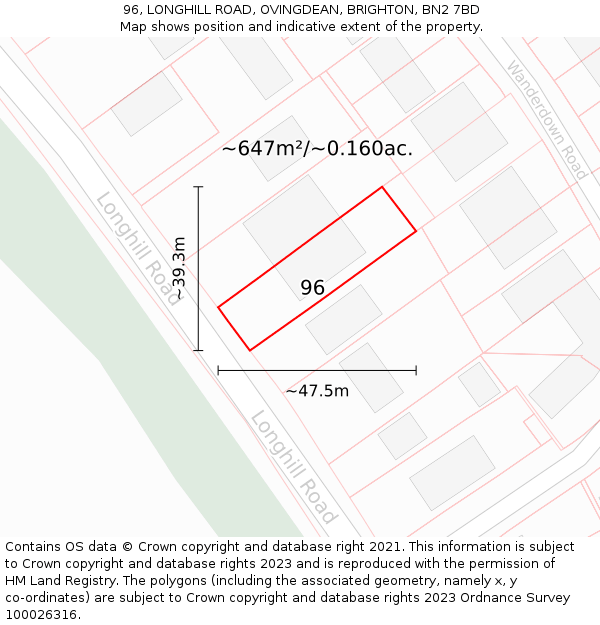 96, LONGHILL ROAD, OVINGDEAN, BRIGHTON, BN2 7BD: Plot and title map