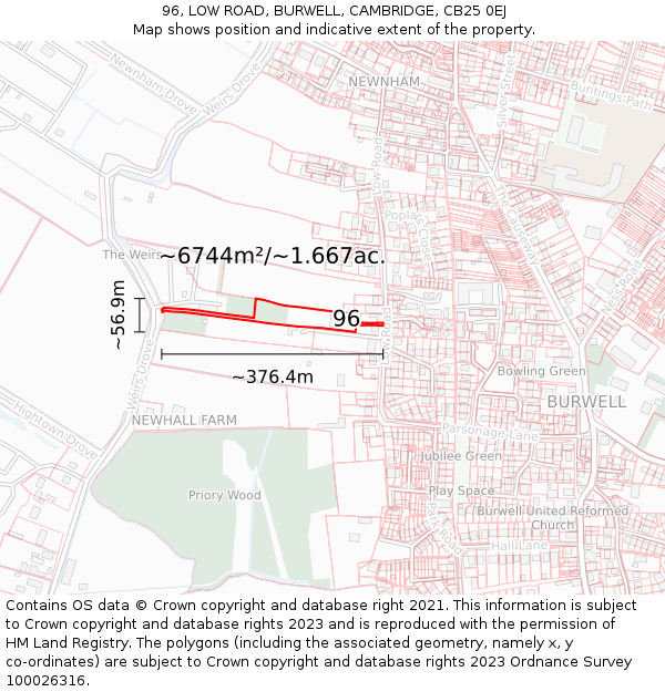 96, LOW ROAD, BURWELL, CAMBRIDGE, CB25 0EJ: Plot and title map
