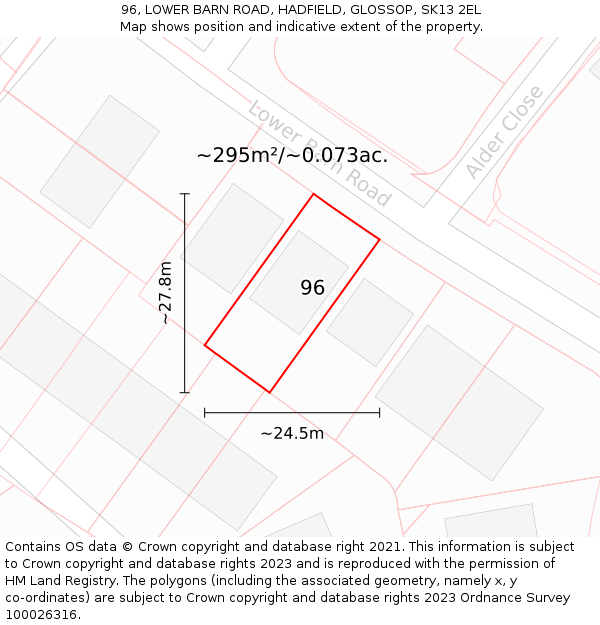 96, LOWER BARN ROAD, HADFIELD, GLOSSOP, SK13 2EL: Plot and title map