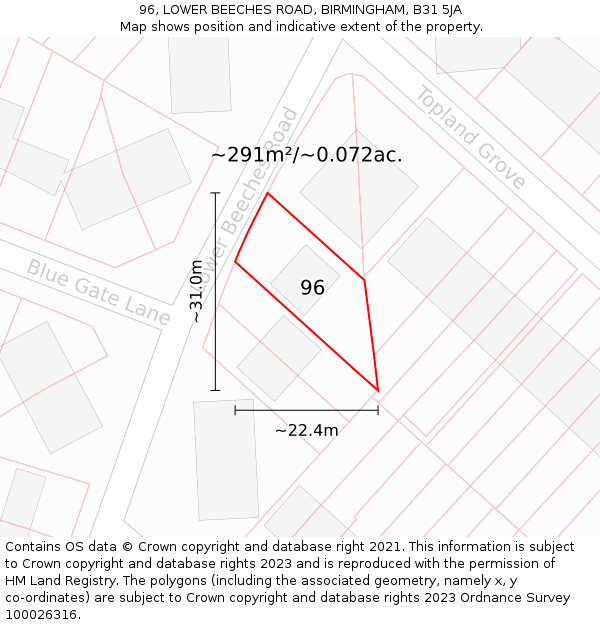 96, LOWER BEECHES ROAD, BIRMINGHAM, B31 5JA: Plot and title map
