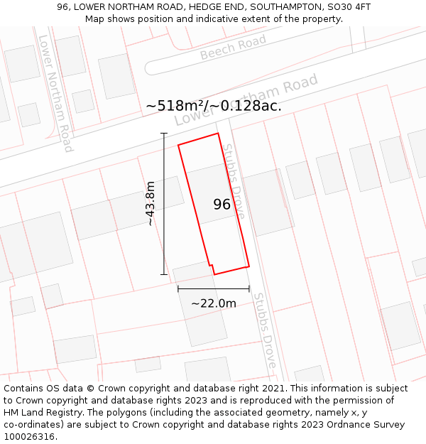 96, LOWER NORTHAM ROAD, HEDGE END, SOUTHAMPTON, SO30 4FT: Plot and title map