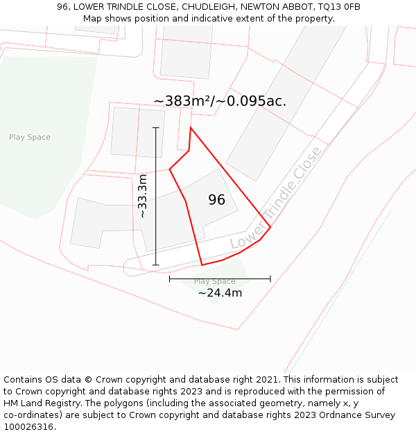 96, LOWER TRINDLE CLOSE, CHUDLEIGH, NEWTON ABBOT, TQ13 0FB: Plot and title map