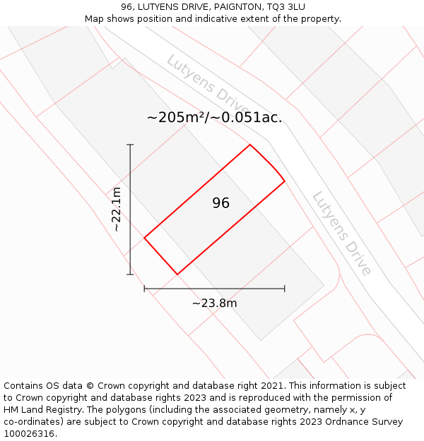 96, LUTYENS DRIVE, PAIGNTON, TQ3 3LU: Plot and title map