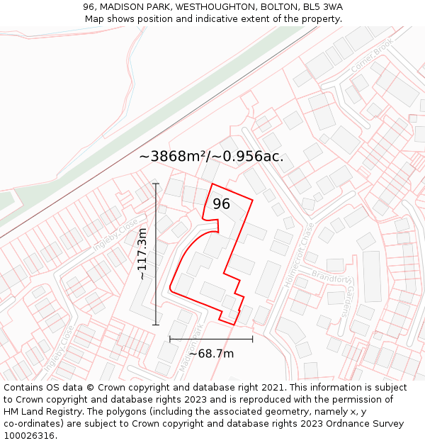 96, MADISON PARK, WESTHOUGHTON, BOLTON, BL5 3WA: Plot and title map